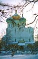 Smolensk Cathedral, framed by larches and birch trees - Moscow, Russia